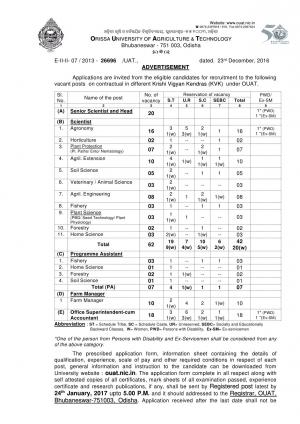 OUAT Recruitment 2017 for 97 Scientist & Other Posts, Apply at ouat.nic.in