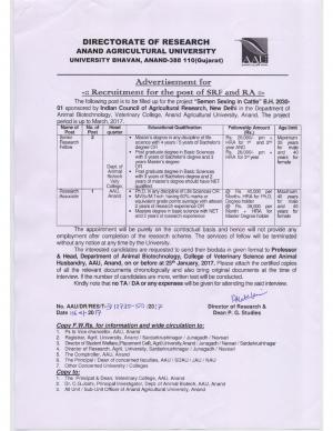 AAU, Gujarat Recruitment 2017 for 03 SRF and RA Posts