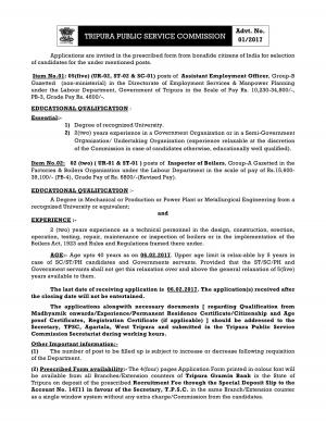 TPSC Recruitment 2017 for 07 Assistant Employment Officer and Boiler’s Inspector Posts 