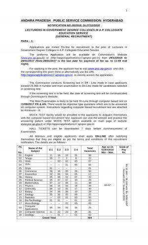 APPSC Recruitment 2017, Apply for Lecturer Post at psc.ap.gov.in, 504 Vacancies