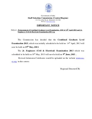 SSC CGL examination scheduled to be held on 14 April 2013 has been postponed to 19 May 2013