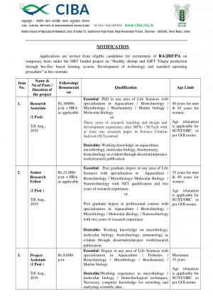 CIBA Recruitment 2017 for 03 RA & Other Posts, Apply at ciba.res.in