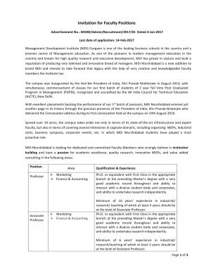 MDI Murshidabad Faculty Jobs 2017, Apply by 14 Feb