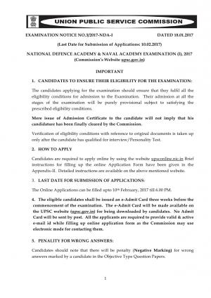 UPSC NDA & NA Exam (I) 2017 on 23 April, Apply by 10 Feb