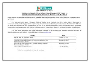 IDBI Bank Hiring Specialist Officers 2016-17; Apply before 31 January 2017