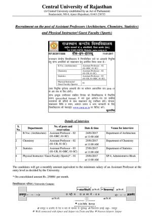 Central University of Rajasthan Recruitment for 08 Assistant Professor & Instructor Posts 