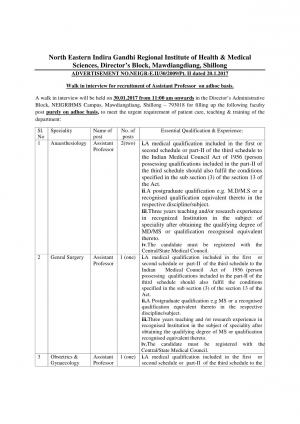 NEIGRIHMS Recruitment for 05 Assistant Professor Posts, Apply at neigrihms.gov.in