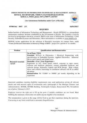 IIIT Kerala Recruitment 2017 for 02 Research Associate Posts, Apply at iiitmk.ac.in