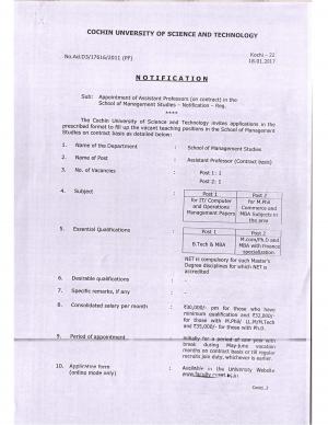 CUSAT Recruitment 2017 for 02 Assistant Professor Posts