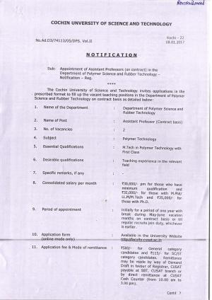 CUSAT Recruitment 2017 for 02 Assistant Professor (Polymer Technology) Posts