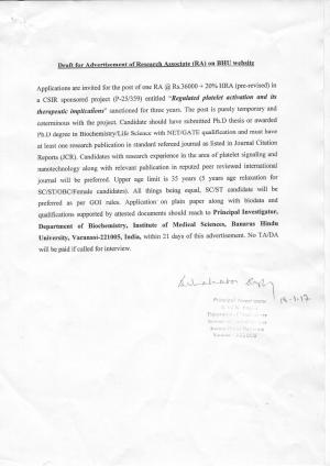 BHU Recruitment 2017 for Research Associate Post