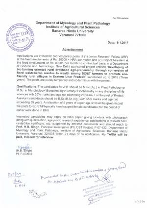 BHU Recruitment 2017 for 02 JRF & Project Assistant Posts