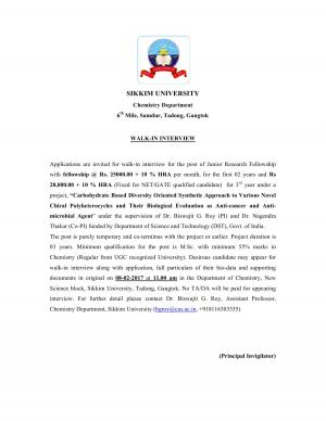 Sikkim University Recruitment 2017 for JRF Post, Apply at cus.ac.in