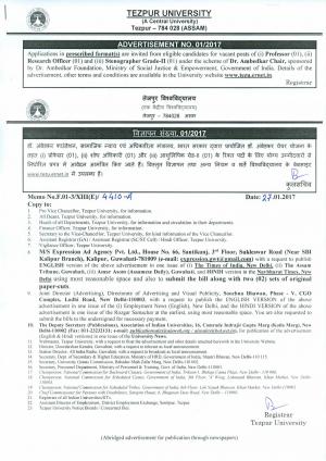 Tezpur University Recruitment 2017 for 03 Professor, Research Officer & Steno Posts