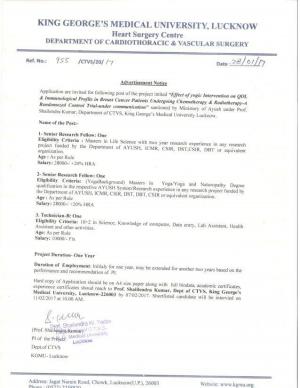 King George’s Medical University (KGMU), Lucknow Recruitment 2017 for 03 SRF and Technician Post