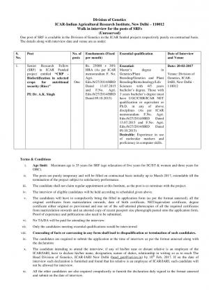 ICAR-IARI Recruitment 2017 for SRF Post