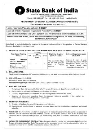 SBI Recruitment 2017 for 04 Senior Manager (Product Specialist) Posts