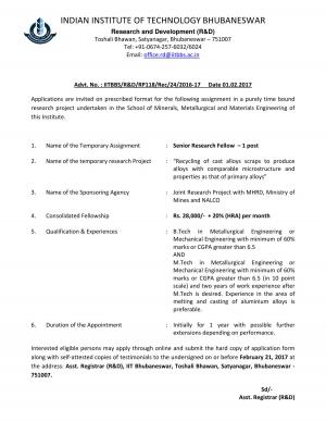 IIT Bhubaneswar Recruitment 2017 for SRF Post