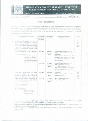 HFRI, Shimla Recruitment 2017 for 07 JRF & PA Posts