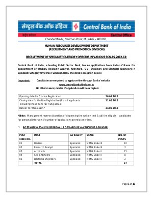 Notification Central Bank of India Specialist Officers