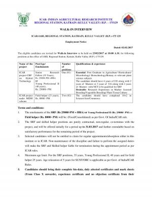 ICAR- IARI Recruitment 2017 for 3 Field helper & SRF Posts