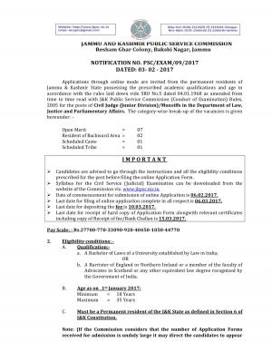 JKPSC Recruitment 2017 for 11 Civil Judge Posts