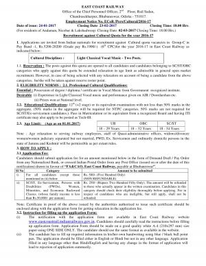 East Coast Railway Recruitment 2017 for Light Classical Vocal Music Posts