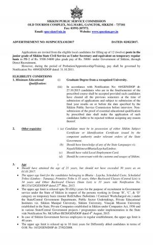 Sikkim PSC Recruitment 2017 for 12 Posts in Junior Grade 2017