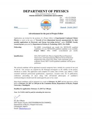 Panjab University Recruitment 2017 for Project Fellow Post