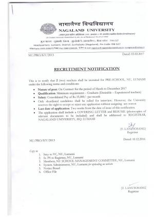 Nagaland University Recruitment 2017 for 02 Teacher Posts, Apply at nagalanduniversity.ac.in