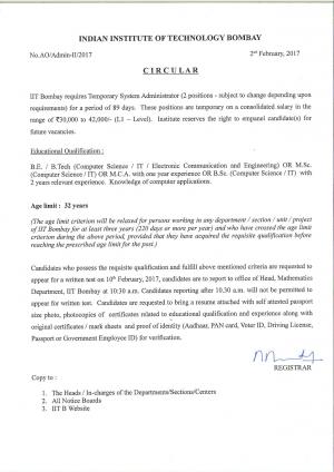 IIT Bombay Recruitment 2017 for 02 System Administrator Posts,