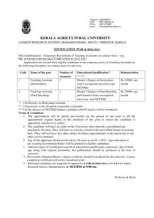 KAU, Cashew Research Station Recruitment 2017 for 02 Teaching Assistant Posts1