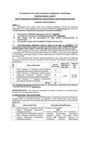 TSPSC Recruitment Craft Teacher