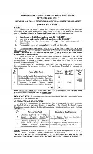TSPSC Recruitment 2017 for 256 Librarian Posts