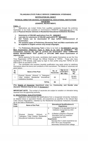 TSPSC Recruitment 2017 for 06 Physical Director Posts