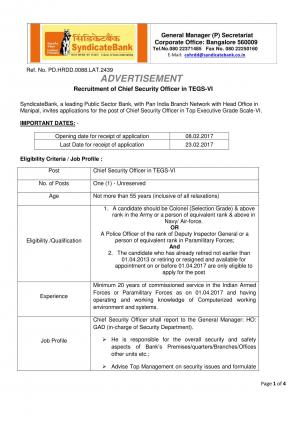 Syndicate Bank Recruitment 2017 for Chief Security Officer Post