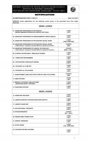 NIMHANS Recruitment 2017 for 69 Faculty and Other Posts