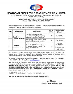 BECIL Recruitment for 113 Data Entry Operator Posts