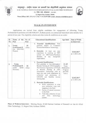 ICAR-NIRJAFT Recruitment 2017 for 02 Young Professional Posts