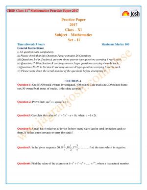 CBSE Class 11 Maths Practice Paper 2017