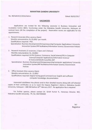 Mahatma Gandhi University Recruitment 2017 for 5 Research Asst and Other Posts
