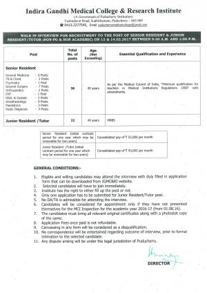 IGMCRI Recruitment 2017 for 58 Sr. Resident and Jr. Resident Posts
