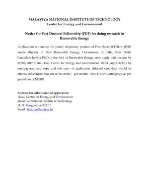 MNIT Recruitment 2017, Apply for the 1 Post Doctoral Fellowship Post 