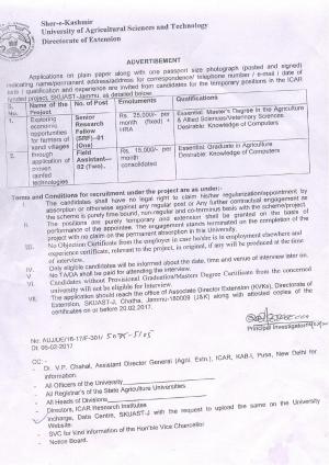 SKUAST Recruitment 2017 for 3 Field Assistant & SRF Posts