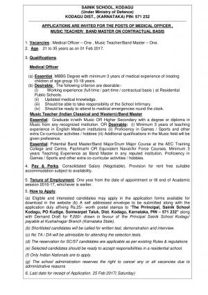 Sainik School, Kodagu Recruitment 2017 for Medical Officer and Music Teacher/Band Master Posts