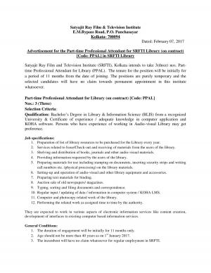 SRFTI Recruitment 2017 for 3 Professional Library Attendant Posts