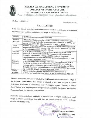 Kerala Agricultural University Recruitment 2017 for Research Associate & Other Posts