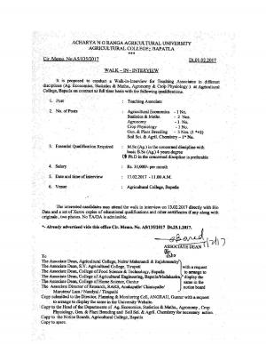 Detailed Notification of ANGRAU Recruitment 2017 for Baptala