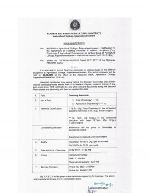 Detailed Notification of ANGRAU Recruitment 2017 for Rajamahendravaram.