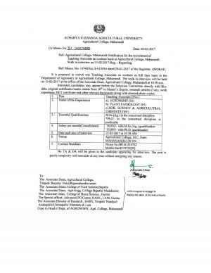 Detailed Notification of ANGRAU Recruitment 2017 for Mahanandi